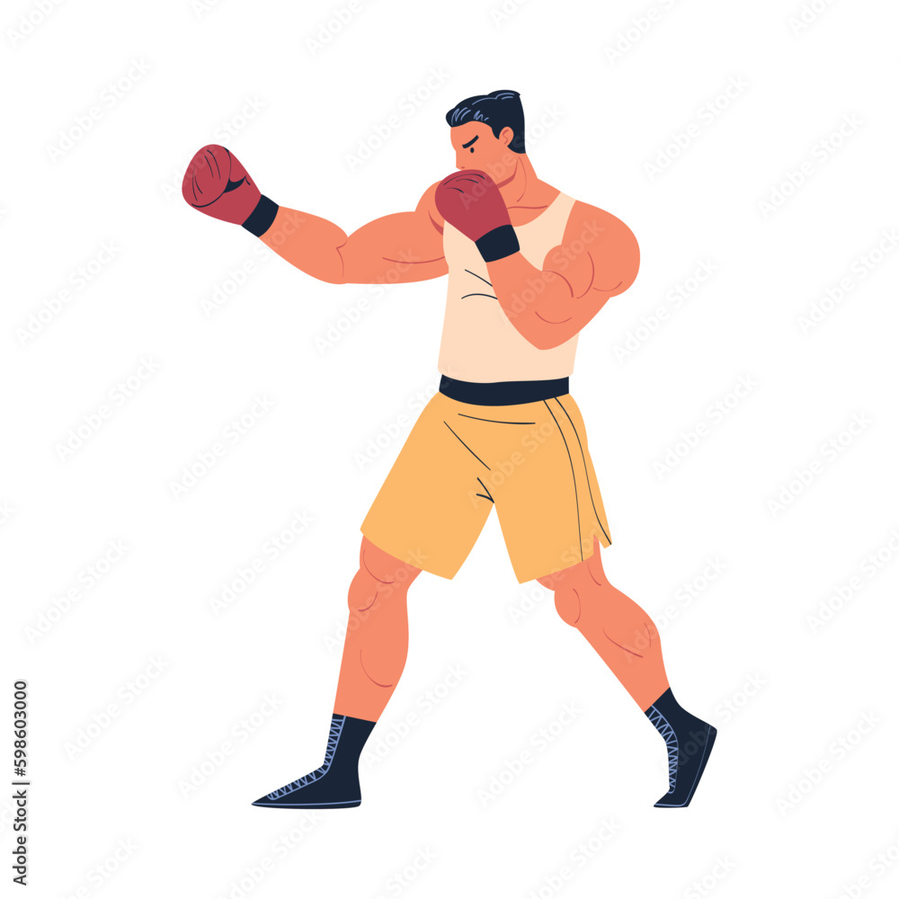 Strong muscular man in boxing gloves working out cartoon vector illustration