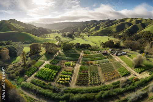 a regenerative agriculture farm, showcasing the rolling hills and diverse crops photo