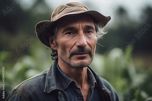 a portrait shot of a regenerative agriculture farmer, standing in the middle of their field of crops