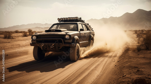 Highly customized rusty SUV rushes through the desert. Generative AI © piai