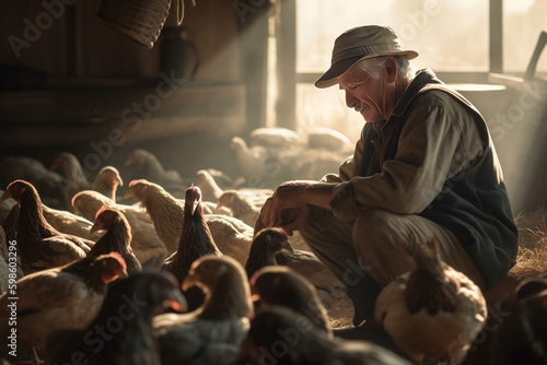 a farmer tending to their chickens, ducks, and other livestock