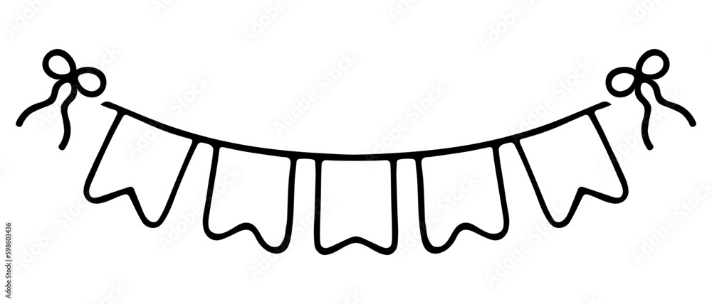 Garland. Sketch. Stretching for text in 5 letters. Festive garland of flags. Fastened with bows. Vector illustration. Doodle style. Outline on isolated background. Coloring book for children Garland. Sketch. Stretching for text in 5 letters. Festive garland of flags. Fastened with bows. Vector illustration. Doodle style. Outline on isolated background. Coloring book for children