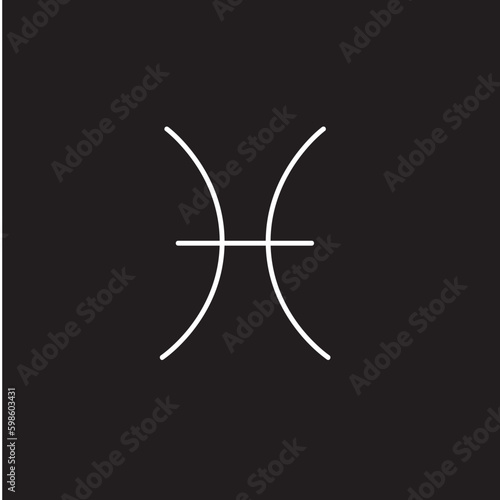 White Pisces horoscope sign, symbol, astrological icon on black background.