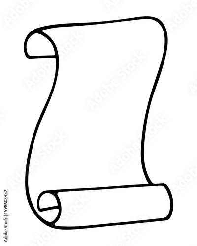Scroll. Sketch. Rolled up sheet of blank paper. Place for text. Roll of paper for writing a message. Vector illustration. Doodle style. Outline on isolated background. Coloring book for children. 