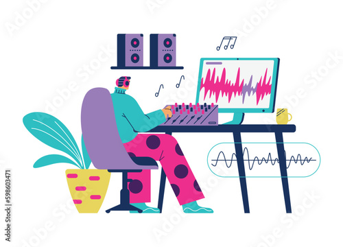 Sound engineer or composer recording music or sound effects, flat vector isolated.