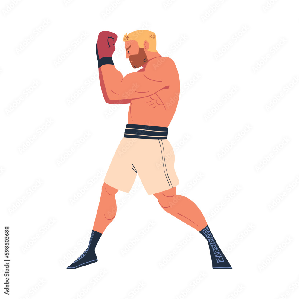 Strong muscular man in white shorts and boxing gloves training or fighting cartoon vector illustratio