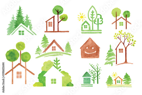 A set of drawings of single-story houses with trees in eco-style.