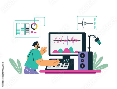 Sound designer creating effects and tracks, flat vector illustration isolated.