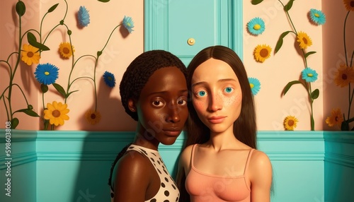 Cute 3D portrait of two girl friends surrounded by flowers