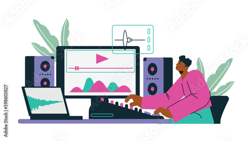 Sound designer working on computer, flat vector illustration isolated on white background.