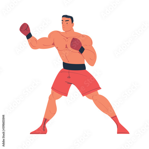 Strong muscular professional boxer in red shorts and boxing gloves training or fighting cartoon vector illustration © topvectors
