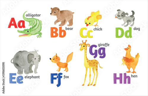 Children's alphabet in pictures from A to H.