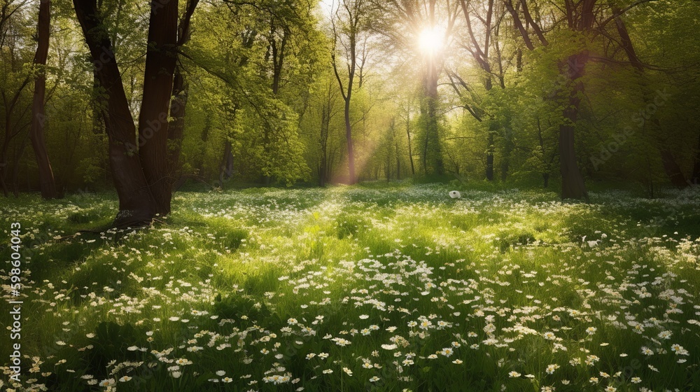 Beautiful with forest glade lots white on green background. Green natural background.