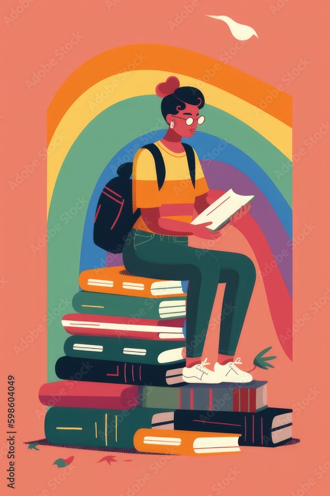 Queer non-binary diverse person reading books Queer non-binary diverse person reading books