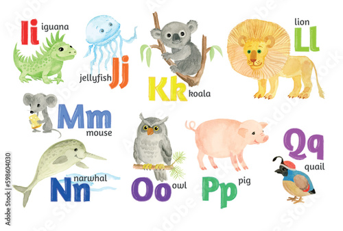 Children's alphabet in pictures from I to Q.