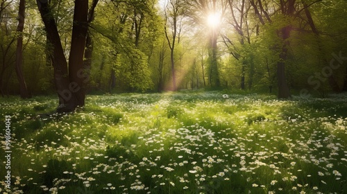 Beautiful with forest glade lots white on green background. Green natural background.