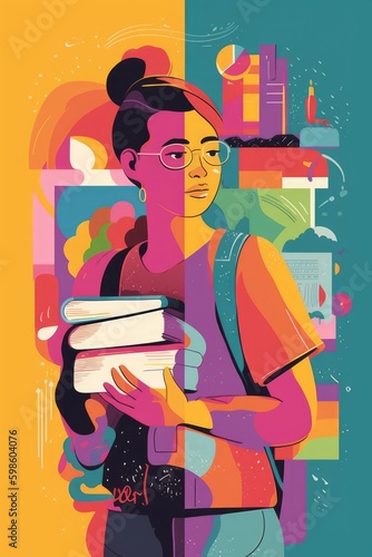 Fun and colorful illustration of young person with books, education concept