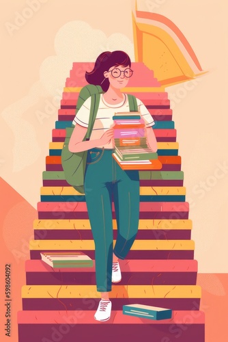 Fun and colorful illustration of young person with books, education concept