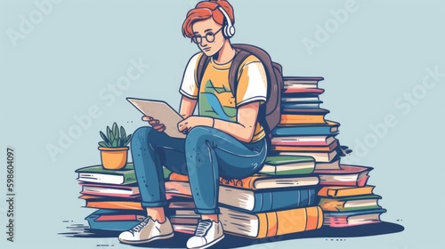 Fun and colorful illustration of young person with books, education concept