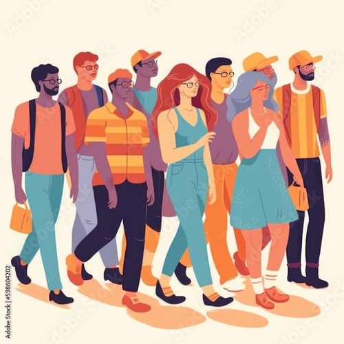 Large multitude of diverse people marching for workers rights