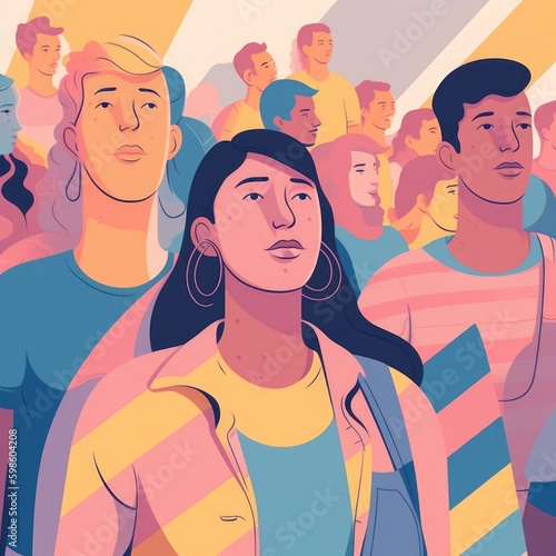 Large multitude of diverse people marching for workers rights