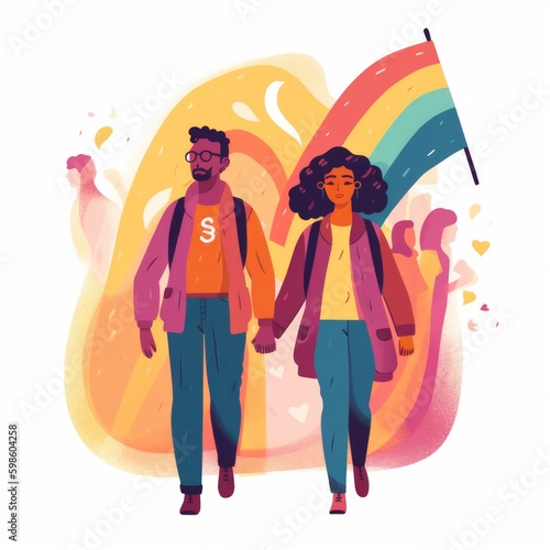 Group of diverse people marching for transgender rights, flat illustration with soft colors