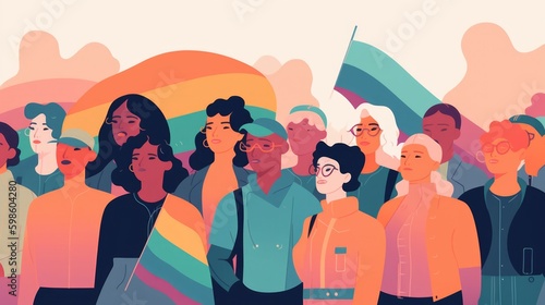 Group of diverse people marching for transgender rights, flat illustration with soft colors