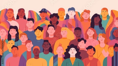 Group of diverse people marching for transgender rights, flat illustration with soft colors, trans