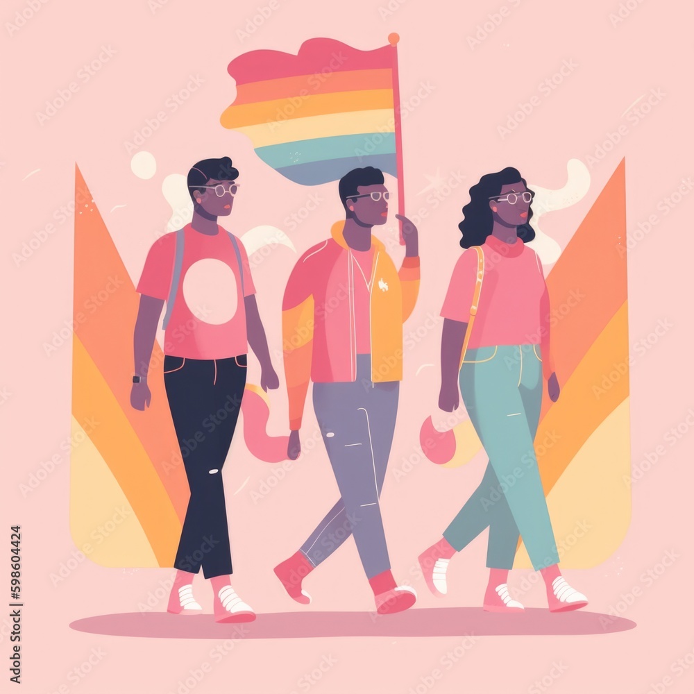 Trans people marching for LGBTQ and trans rights on the street with colorful pride flags Trans people marching for LGBTQ and trans rights on the street with colorful pride flags