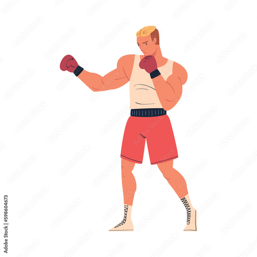Muscular man in sportswear and boxing gloves fighting or training on ring cartoon vector illustration