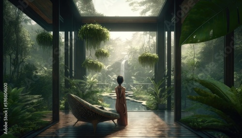 Woman in sustainable architecture home integrated to nature, relaxing environment © Ai Art Director