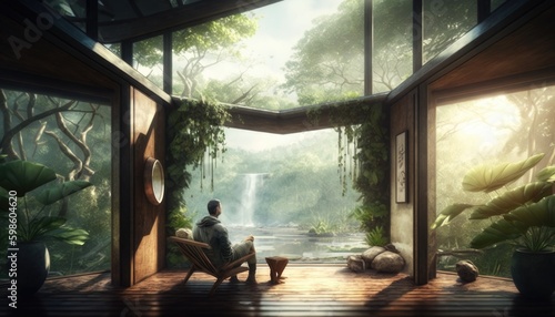 Man relaxing in his sustainable architecture home  integrated with nature and luxurious zen gardens
