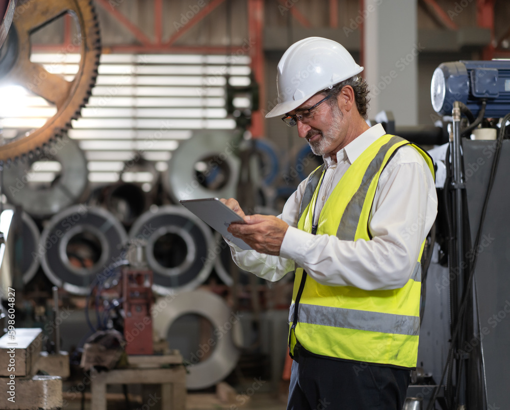 Mature industrial engineer in white protective hardhat using tablet working in heavy metal industry manufacturing. Skillful factory worker inspecting metalwork engineering, machine maintenance job. Mature industrial engineer in white protective hardhat using tablet working in heavy metal industry manufacturing. Skillful factory worker inspecting metalwork engineering, machine maintenance job.