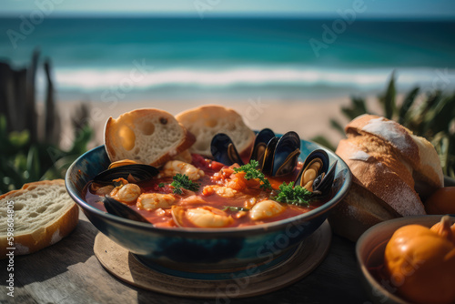 Seafood Delight. Bouillabaisse Dish with a Breathtaking Beach Scene in the Background. Culinary Journey AI Generative. 