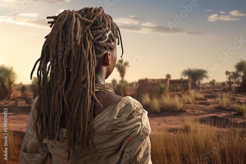 Landscape with African woman with dreadlocks, African savannah in the background, cultural concept. Generative AI photo