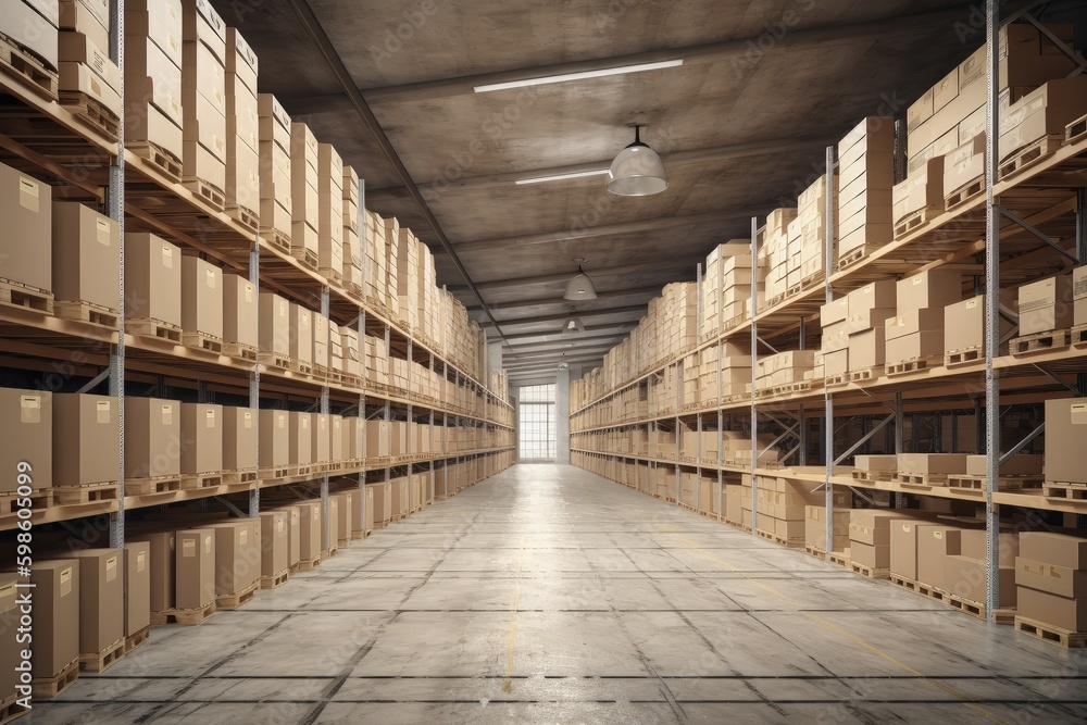 Logistics warehouse full of cardboard boxes, logistics and business concept. Generative AI