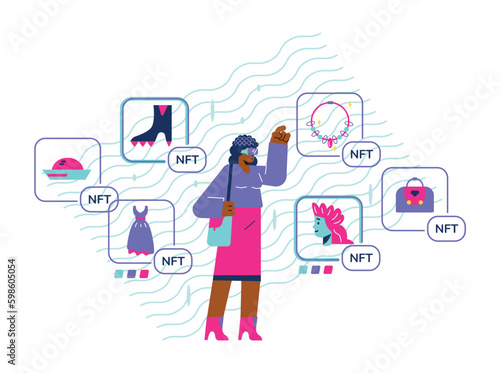 Metaverse fashion online shopping flat vector illustration isolated on white.