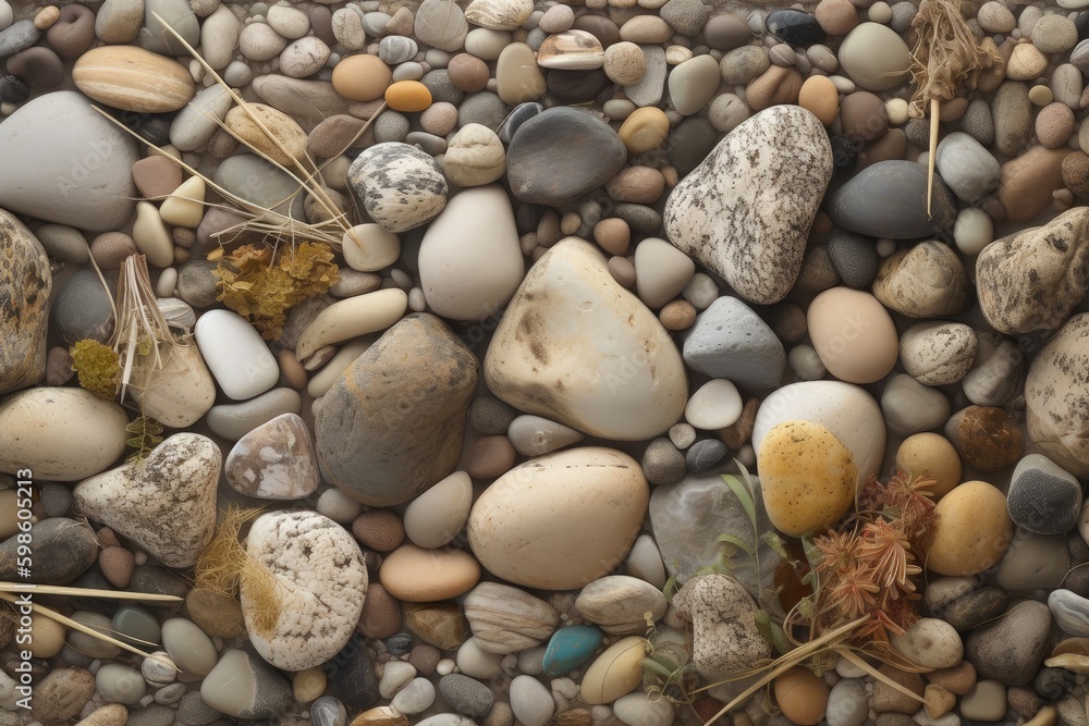 Stones in the sand on the beach, nature concept, digital illustration. Generative AI