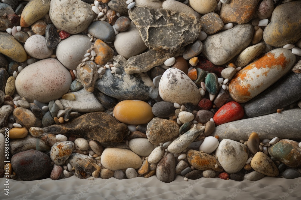Stones in the sand on the beach, nature concept, digital illustration. Generative AI