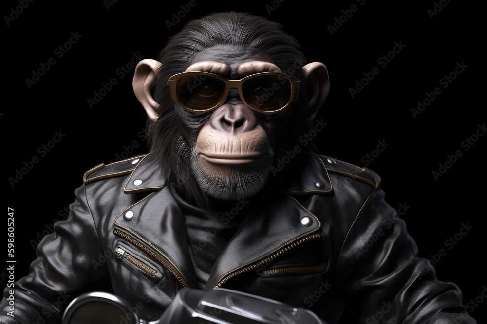 Monkey with leather jacket and sunglasses, digital illustration. Generative AI Monkey with leather jacket and sunglasses, digital illustration. Generative AI