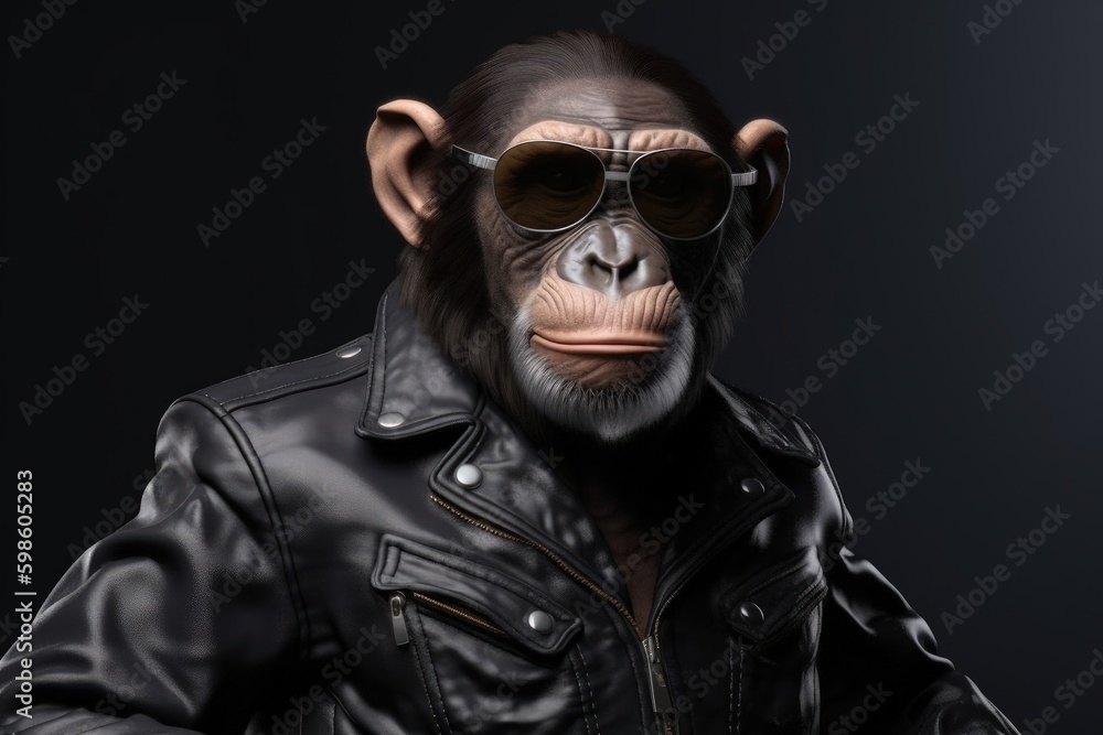 Monkey with leather jacket and sunglasses, digital illustration. Generative AI