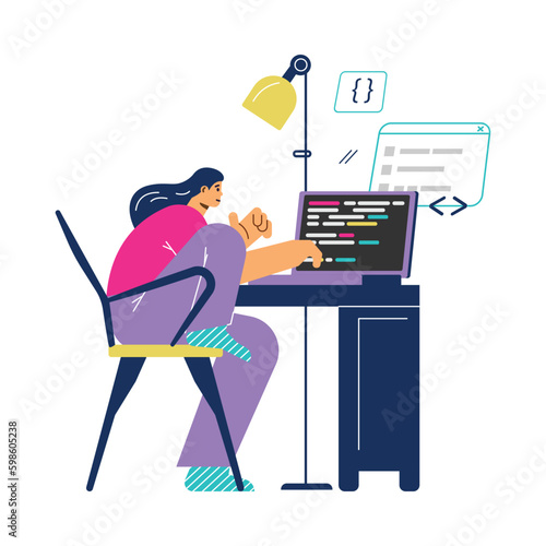 Woman writing code on laptop, concept of remote work - flat vector illustration isolated on white background.