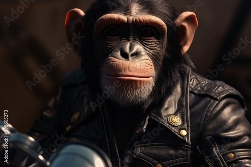 Monkey with leather jacket and sunglasses, digital illustration. Generative AI © Deivison