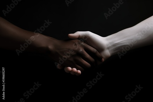 Black hand holding white hand, diversity concept, white background, digital illustration. Generative AI