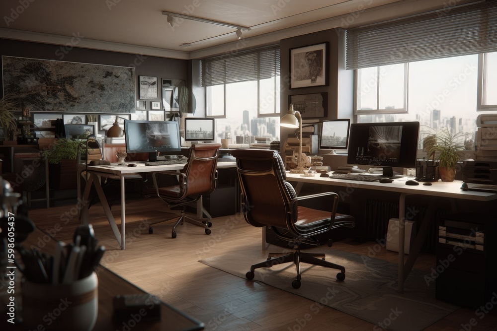 Corporate office, with wooden furniture and gray walls, architecture concept. Generative AI Corporate office, with wooden furniture and gray walls, architecture concept. Generative AI