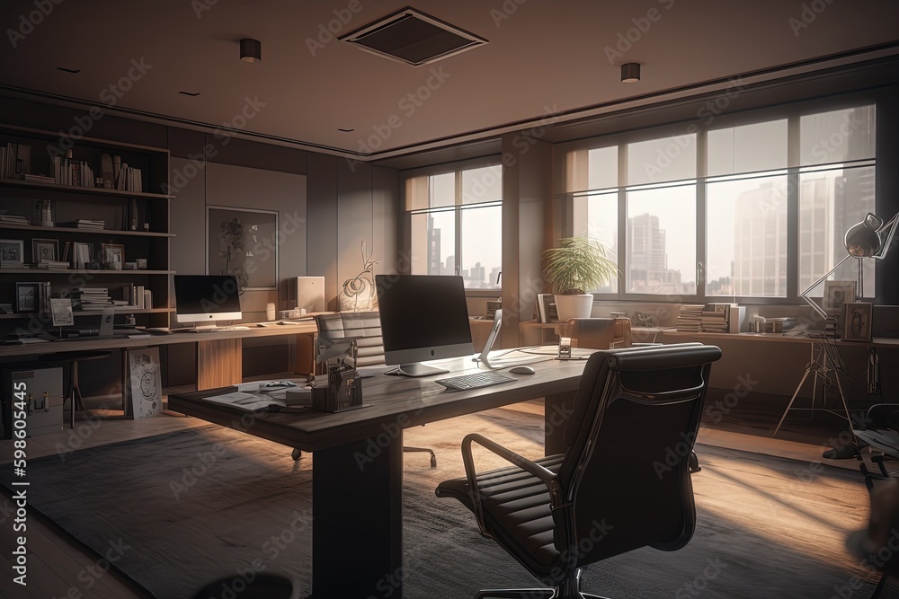 Fototapeta premium Corporate office, with wooden furniture and gray walls, architecture concept. Generative AI