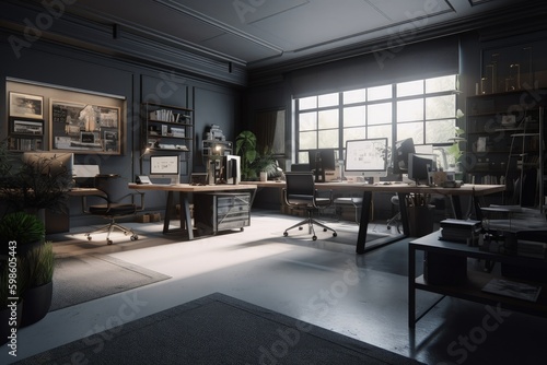 Corporate office, with wooden furniture and gray walls, architecture concept. Generative AI