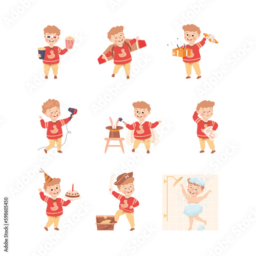 Little Boy Character Engaged in Different Activity Having Fun Vector Set