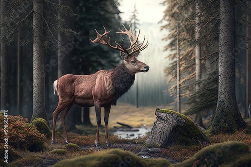 Illustration of deer in the forest, wildlife concept. Generative AI © Deivison