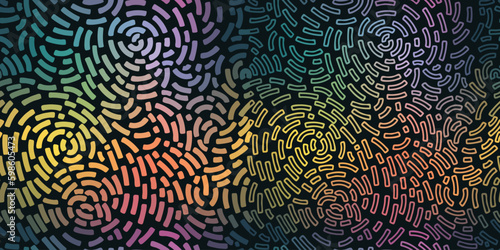 Set of seamless patterns with multicolored dotted lines twisted into a spiral. Colored dashes on a black background. neon gradient print vector illustration